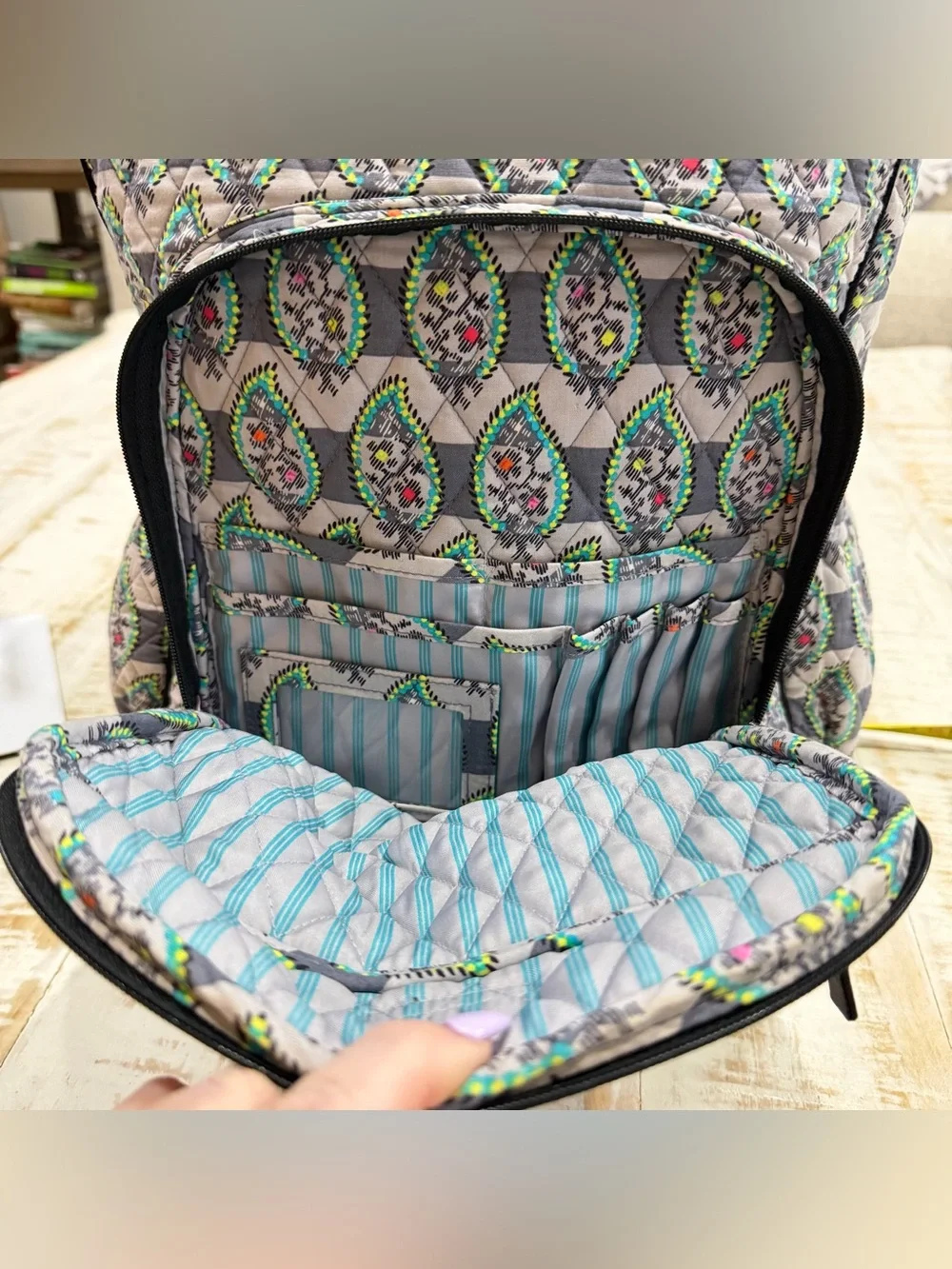 Vera Bradley Backpack Campus Tech Laptop Bag Gray Quilted Green & Pink Accents
